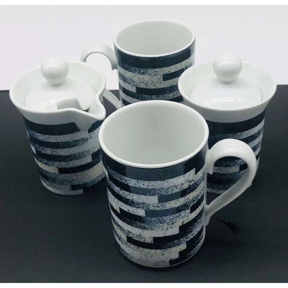 DANSK Radia INDIGO Sugar & Creamer With Lids 2 Mugs Cups Blue White Coffee A1 - Picture 1 of 8